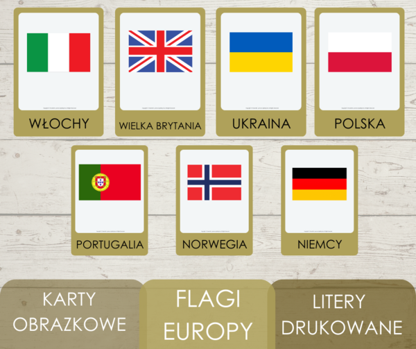 Karty obrazkowe - flagi Europy - litery drukowane