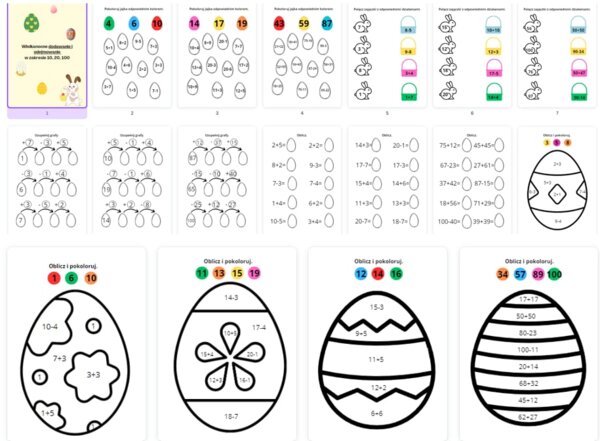 Wielkanocne dodawanie w zakresie 10, 20, 50 - 18 stron