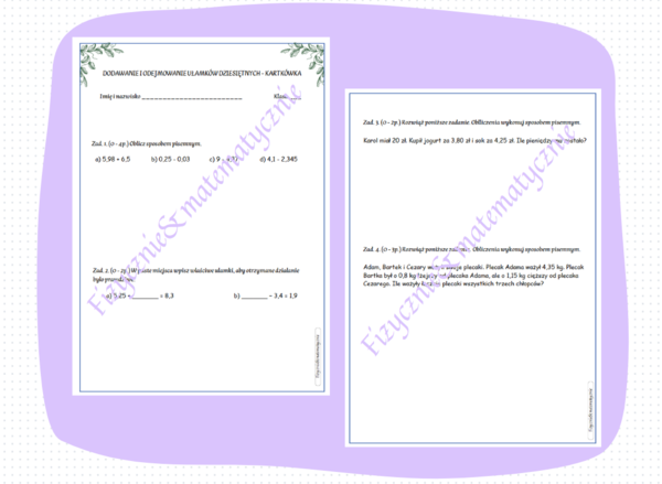 Dodawanie i odejmowanie ułamków dziesiętnych - kartkówka/karta pracy , klasa 5.