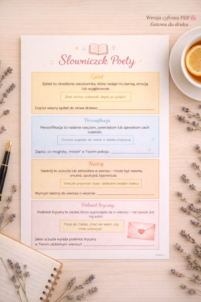 „Słowniczek poety” do wklejenia. WKLEJKA. [Epitet, Personifikacja, Nastrój, Podmiot liryczny)