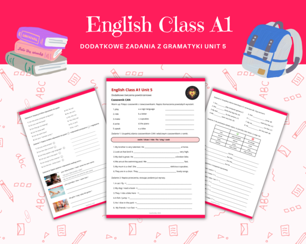 Gramatyka klasa 4: czasownik can  - zdania twierdzące, przeczenia, pytania i krótkie odpoiwedzi. Na podstawie podręcznika English Class A1 Unit 5