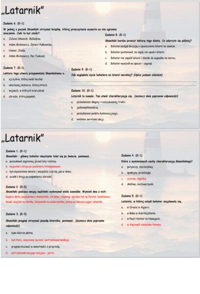 Test wprowadzający/powtórzeniowy do lektury "Latarnik"