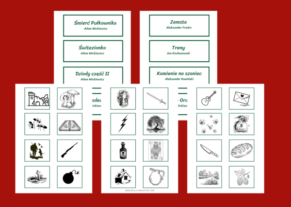 LEKTUROWE IKONKI - lektury z kl.7-8 - IKONKI - fiszki - 112 szt.- grafika - symbole - powtórka - egzamin