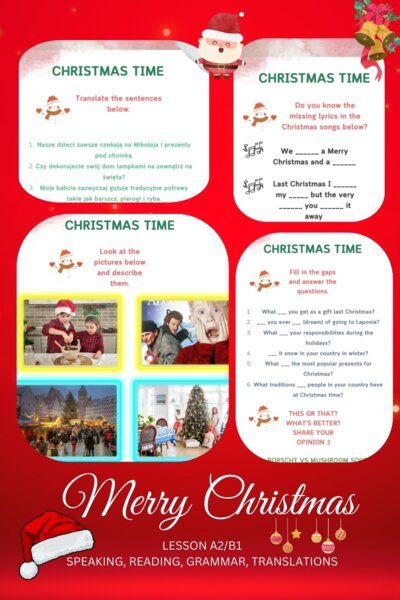 Christmas Lesson English lekcja świąteczna A2/B1 speaking, reading, grammar, translations język angielski