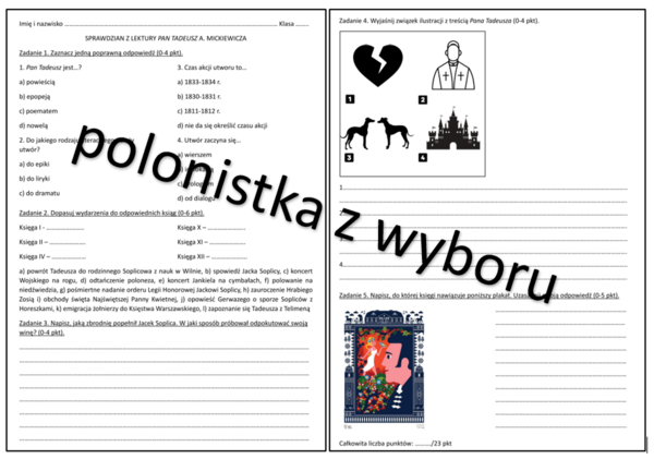 Sprawdzian wiedzy z lektury Pan Tadeusz + odpowiedzi do zadań