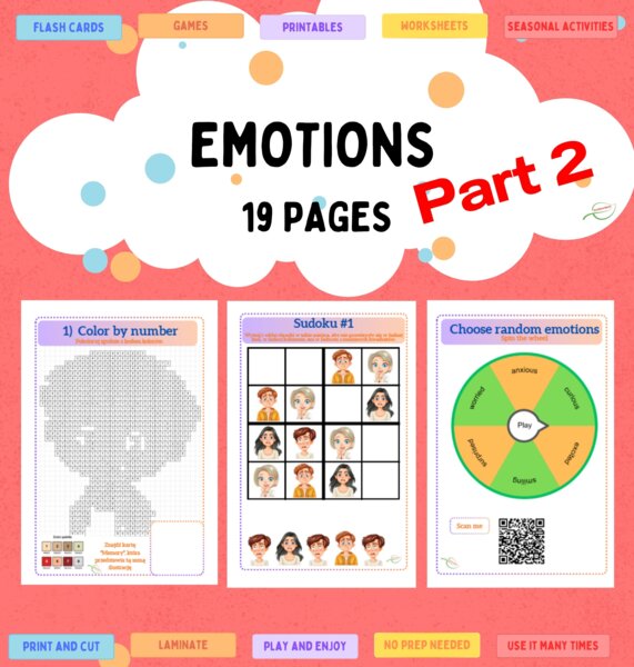 Emotions/ Emocje Część 2. Karty obrazkowe oraz karty pracy, łamigłówki. 19 STRON