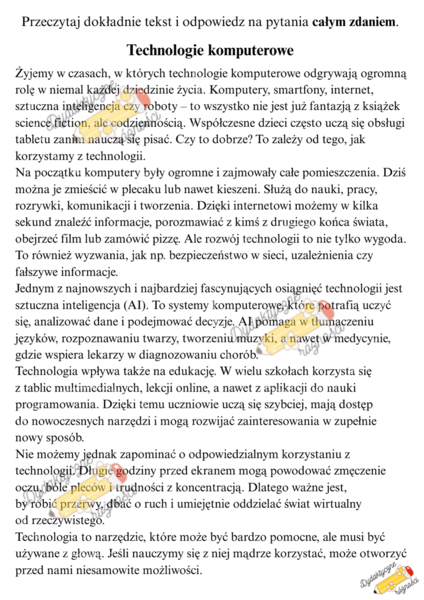 Czytanie ze zrozumieniem dla kl. 4-7 + pytania. Tematyka tekstów: Zjawiska pogodowe. Podróż w nieznane. Wiosna to nie tylko kwiaty i słońce. Technologia komputerowa.