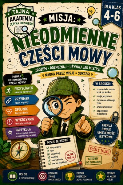 Nieodmienne części mowy – teoria i ćwiczenia | karta pracy kl. 4–6 + odpowiedzi modelowe