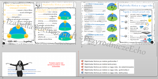 Karty pracy i pomysł/inspiracja na lekcję „Wędrówka Słońca po niebie” - karta pracy wykonana w power point + gratisowy pomysł na lekcję - link do lekcji multimedialnej niekomercyjnej wykonanej w genial.ly do indywidualnego pobrania i użycia do celów niek