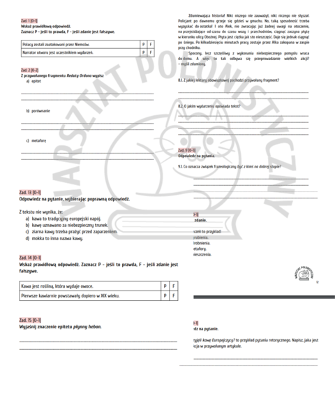 Egzamin ósmoklasisty - przykładowy arkusz nr 7 / Reduta Ordona, lekturowa zagadka, kawa, ogłoszenie