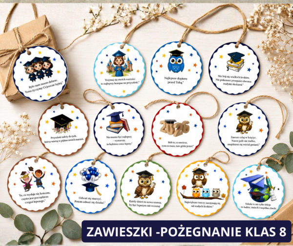Zawieszki z cytatami (30 wzorów) - Bileciki do upominków szkolnych - POŻEGNANIE 8 KLASISTÓW