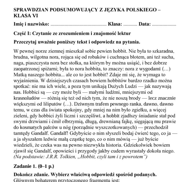 sprawdzian podsumowujący z języka polskiego dla kl. VI