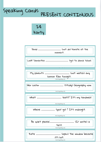 Present Continuous speaking cards, karty do mówienia Present Continuous