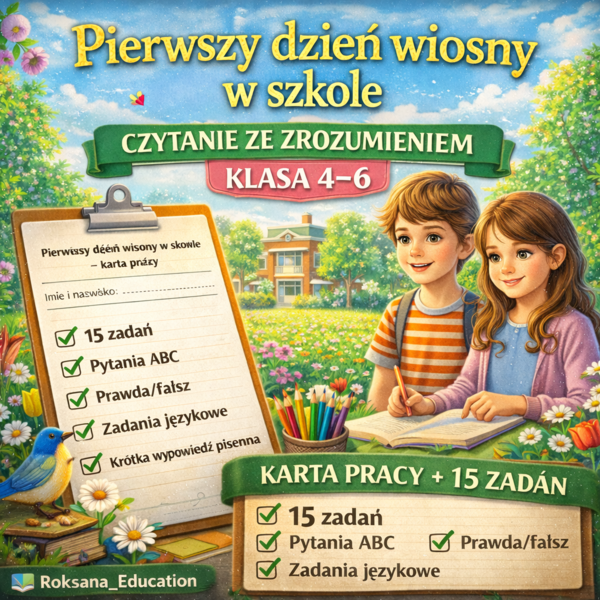 🌷 Pierwszy dzień wiosny w szkole – czytanie ze zrozumieniem (klasa 4–6) | karta pracy + 15 zadań