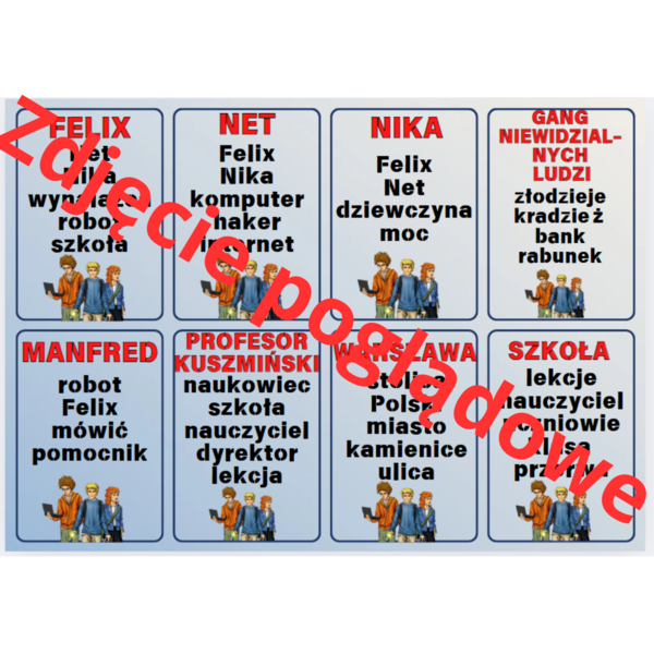 Karty do gry Taboo na podstawie lektury "Felix, Net i Nika oraz Gang Niewidzialnych Ludzi"
