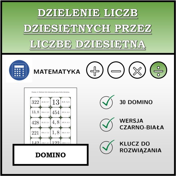 Domino - Dzielenie liczb dziesiętnych przez liczbę dziesiętną | matematyka