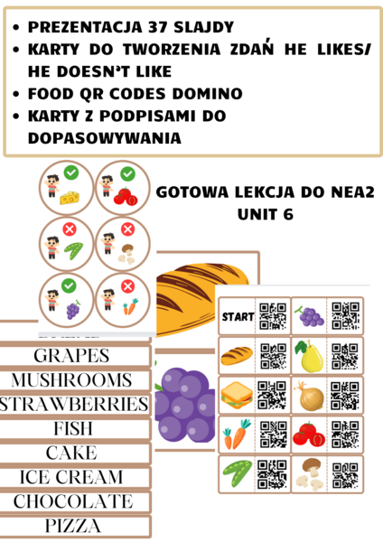 GOTOWA LEKCJA FOOD - NEW ENGLISH ADVENTURE 2 UNIT 6 , prezentacja, flashcards, Qr domino, karty do tworzenia zdań