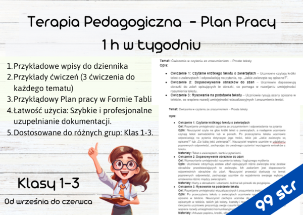 Terapia Pedagogiczna - Plan Pracy - 1 h w tygodniu - Klasy 1-3