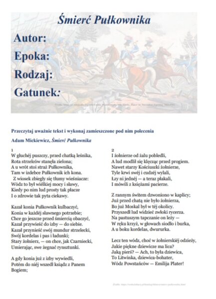 Karta pracy "Śmierć Pułkownika"