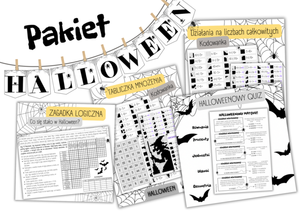 PAKIET 5 MATERIAŁÓW – HALLOWEEN – kodowanka / łamigłówka / zagadka / liczby całkowite / tabliczka mnożenia / procenty / quiz / napis