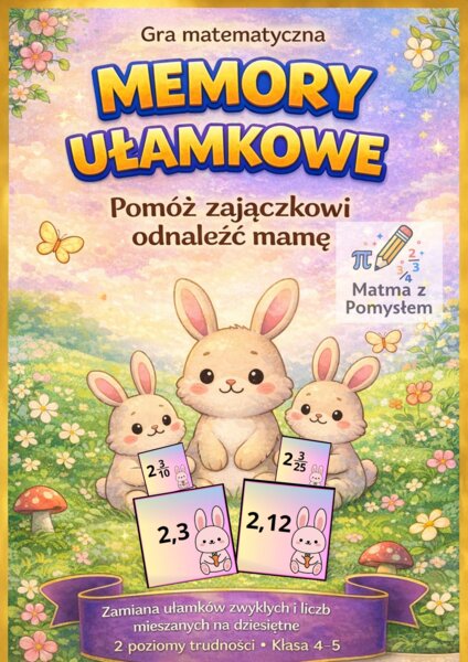 Memory ułamkowe – zamiana ułamków zwykłych i liczb mieszanych na liczby dziesiętne – gra matematyczna wielkanocna klasa 4–5