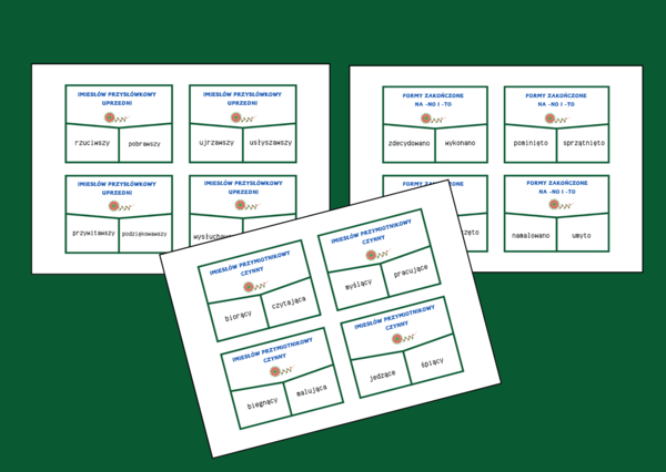 Nieosobowe formy czasownika IMIESŁOWY - układanka - fiszki - egzamin - powtórka – 40 szt. – gramatyka
