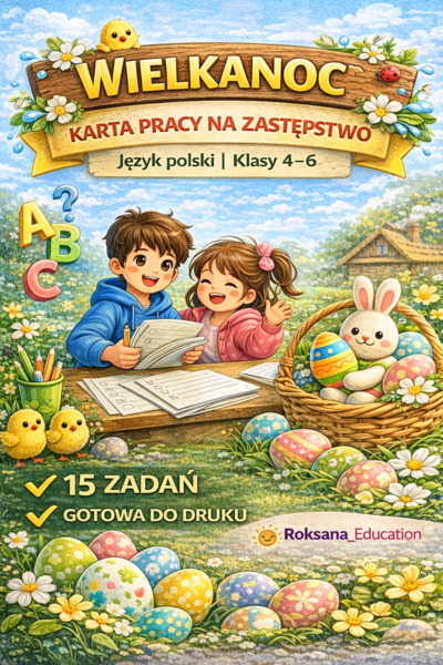 📚🐣 Wielkanoc – karta pracy na zastępstwo | język polski | klasy 4–6 (15 zadań)
