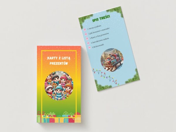Karty z listą prezentów. Wesołe karty z obrazkami prezentów.