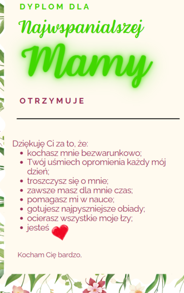 Dzień Matki - list w zieleni, Dyplom dla Mamy
