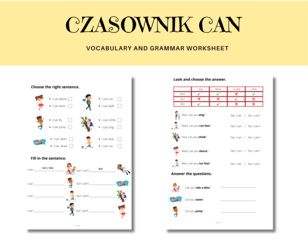 Karty pracy + Czasownik CAN + nazwy czynności i umiejętności