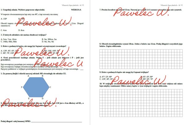 WŁASNOŚCI FIGUR PŁASKICH - sprawdzian, karta pracy, dwie grupy kl. 6 + odpowiedzi