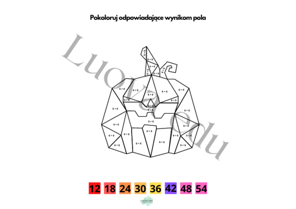 Halloween Kolorowanka Matematyczna TABLICZKA MNOŻENIA: Kolorowanie według wyników mnożenia przez 6 dla dzieci 7-11 lat