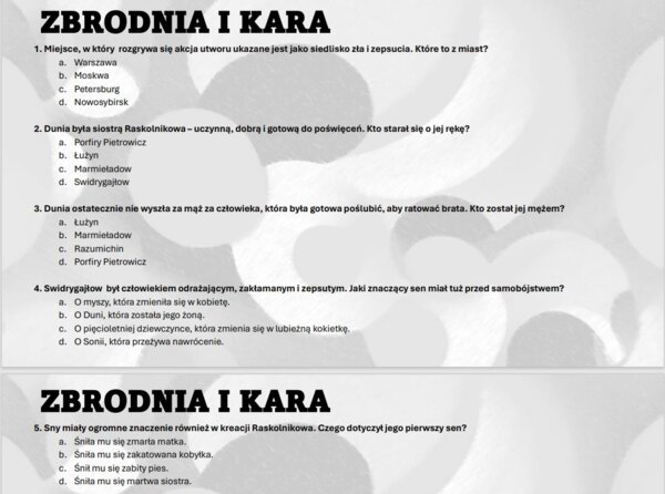 Test wprowadzający z lektury "Zbrodnia i kara"