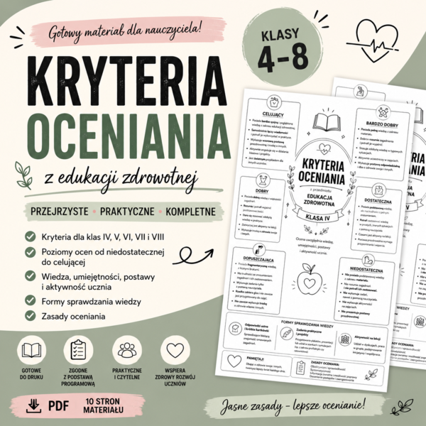 Kryteria oceniania z edukacji zdrowotnej – klasy 4–8 | Gotowy materiał PDF dla nauczyciela