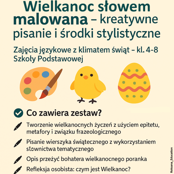 Wielkanoc słowem malowana – kreatywne pisanie i środki stylistyczne (45 min) 🎨🐣 Zajęcia językowe z klimatem świąt – kl. 4–8 Szkoły Podstawowej