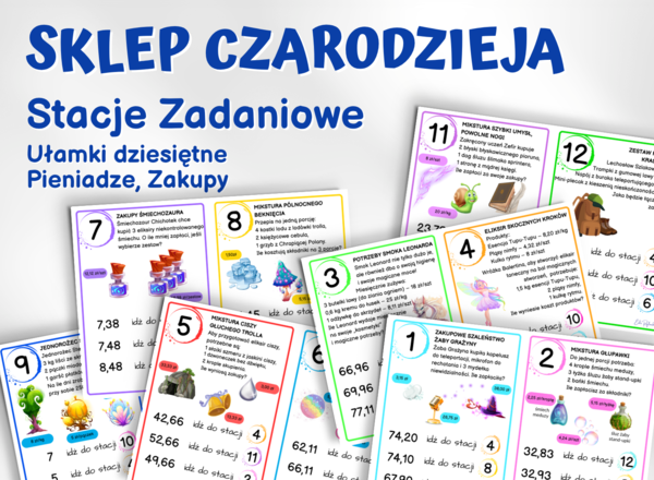 STACJE ZADANIOWE – Sklep Czarodzieja, ułamki dziesiętne, klasa 5, 6, 7, 8, zakupy, pieniądze, koniec roku, egzamin ósmoklasisty