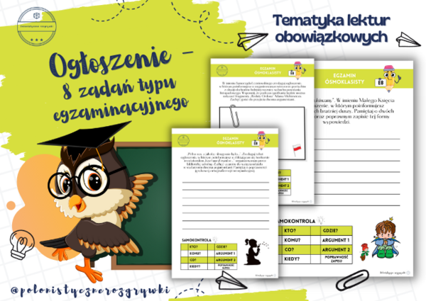 Ogłoszenie. 8 zadań typu egzaminacyjnego. Egzamin ósmoklasisty. Formy wypowiedzi