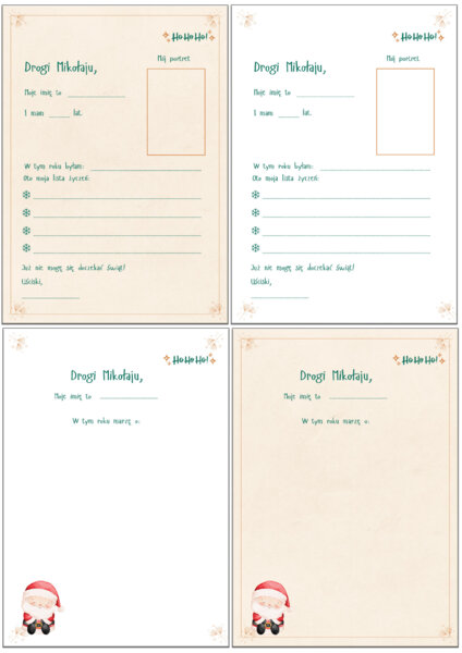List do Mikołaja - przedszkole i klasy starsze, wersje kolorowe i czarno - białe