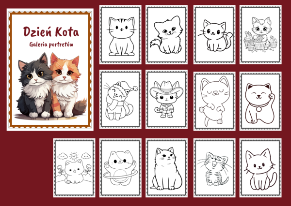 🖤🐱DZIEŃ KOTA – Galeria portretów – kolorowanka – kolorowanki – biblioteka – świetlica – przedszkole – 25 wersji - Dzień Czarnego Kota