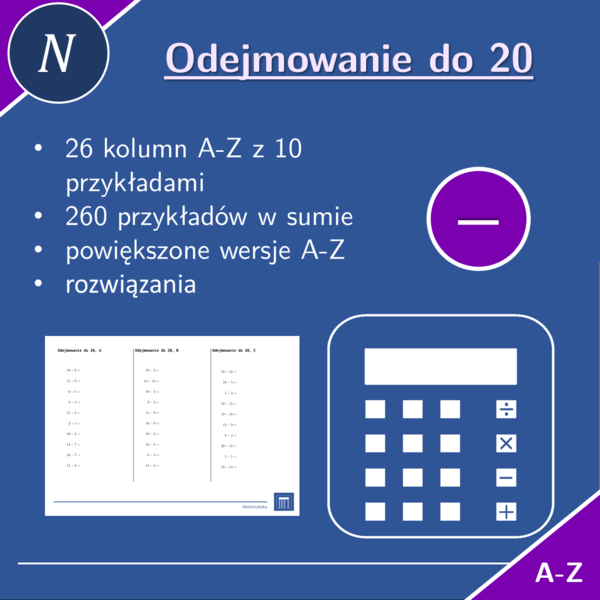 Odejmowanie do 20 | matematyka | 26 kolumn