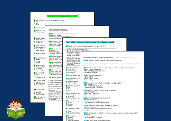 "PRZYGODY TOMKA SAWYERA" – lektury – sprawdzian – kartkówka - 2 grupy + ODPOWIEDZI
