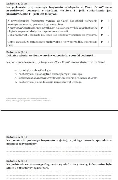 Arkusz egzaminacyjny "Chłopcy z Placu Broni"