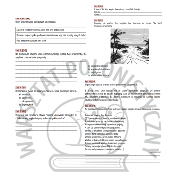 Egzamin ósmoklasisty - przykładowy arkusz nr 1 - przyroda/Kochanowski/Pan Tadeusz