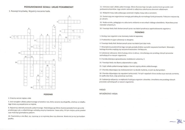 Układ pokarmowy (krzyżówka podsumowanie)