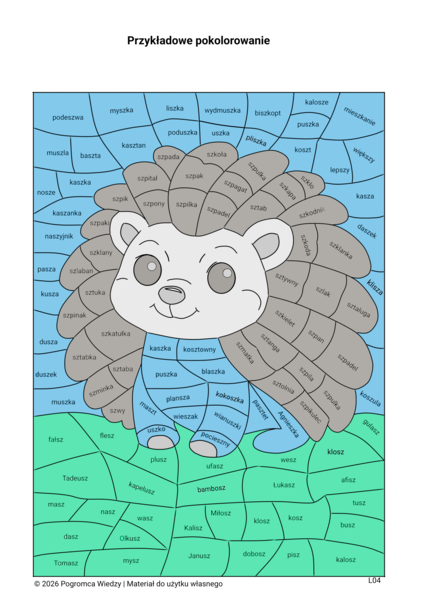 SZ w wyrazach - nagłos, śródgłos, wygłos / karta pracy + klucz odpowiedzi