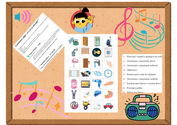 Gra dydaktyczna "Co to za dźwięk?" - MP3, lista dźwięków, obrazki w formie karty pracy, scenariusz