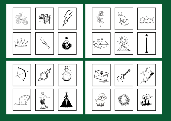 LEKTURY – kl. 4-8 – IKONKI – fiszki – powtórka – egzamin – 102 szt. - wersja czarno-biała