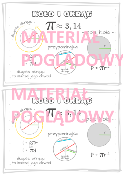 Pole koła i długość okręgu - notatka (plansza) + karta pracy. klasa 7 - 8.