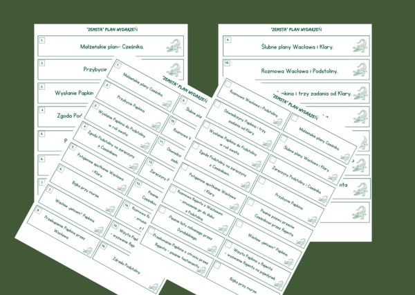 "ZEMSTA" A. Fredry - plan wydarzeń - fiszki - 3 wersje