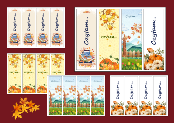 🍁 „Czytam…” – JESIENNE zakładki do książek – 🍂zakładka – biblioteka – jesień – wersja 2